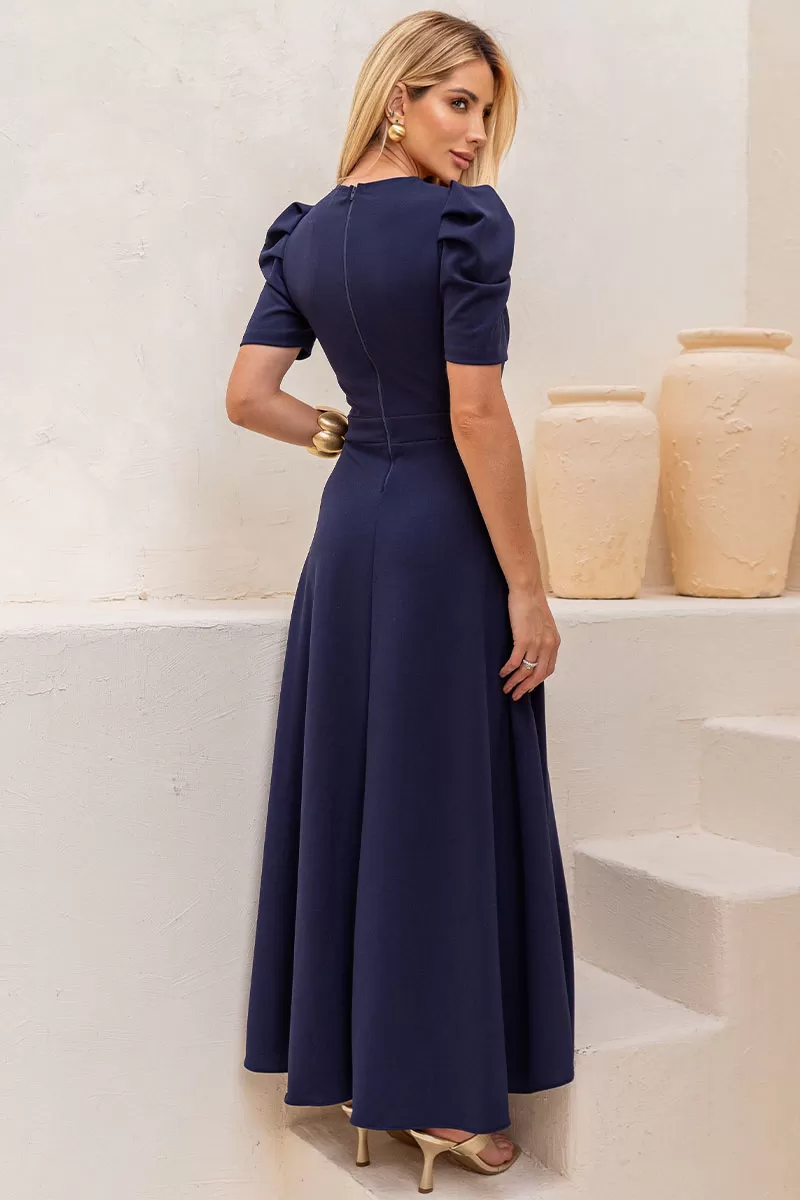 Miss Misses - Bruna Midi Dress with Puff Sleeves and Fins in Navy Blue - 54428004 Miss Misses - Bruna Midi Dress with Puff Sleeves and Fins in Navy Blue - 54428004
