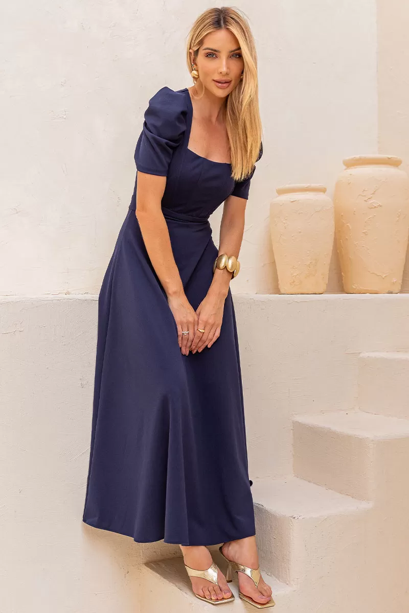 Miss Misses - Bruna Midi Dress with Puff Sleeves and Fins in Navy Blue - 54428004 Miss Misses - Bruna Midi Dress with Puff Sleeves and Fins in Navy Blue - 54428004