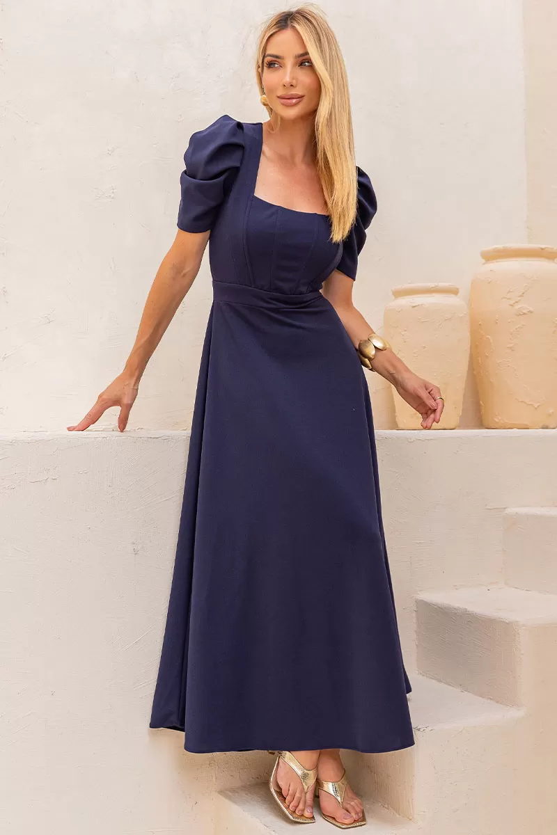 Miss Misses - Bruna Midi Dress with Puff Sleeves and Fins in Navy Blue - 54428004 Miss Misses - Bruna Midi Dress with Puff Sleeves and Fins in Navy Blue - 54428004