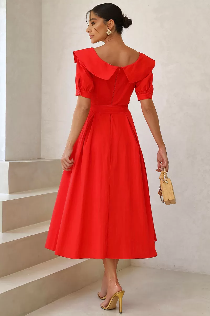 Miss Misses - Karen Midi Dress With Collar and Red Belt - 54424024 Miss Misses - Karen Midi Dress With Collar and Red Belt - 54424024