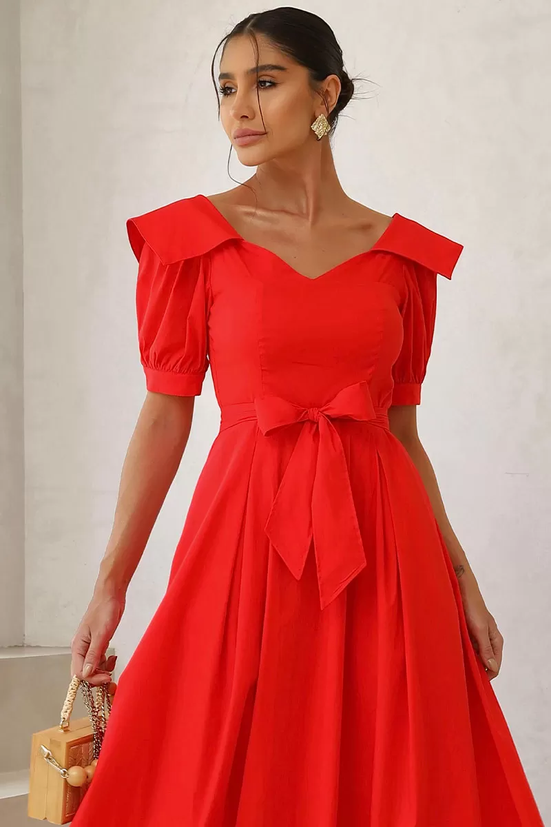 Miss Misses - Karen Midi Dress With Collar and Red Belt - 54424024 Miss Misses - Karen Midi Dress With Collar and Red Belt - 54424024