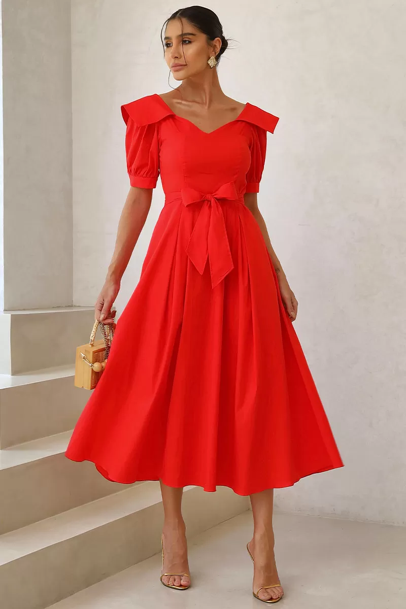 Miss Misses - Karen Midi Dress With Collar and Red Belt - 54424024