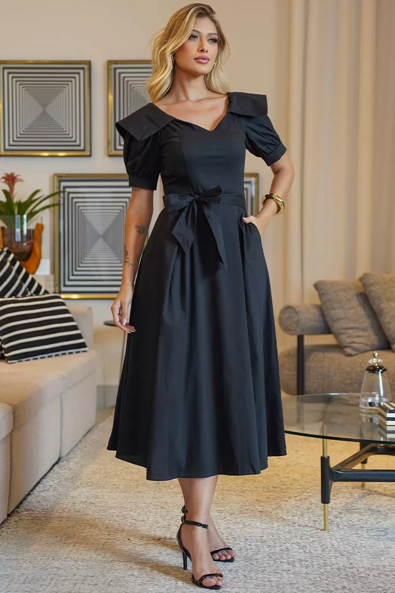 Miss Misses - Karen Midi Dress With Collar and Black Belt - 54424001