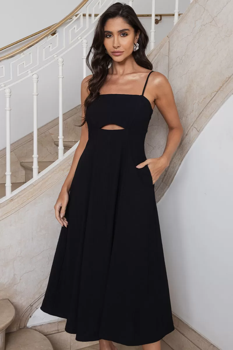 Miss Misses - Amanda Midi Dress with Openwork Detail and Pockets in Black - 54429001 Miss Misses - Amanda Midi Dress with Openwork Detail and Pockets in Black - 54429001