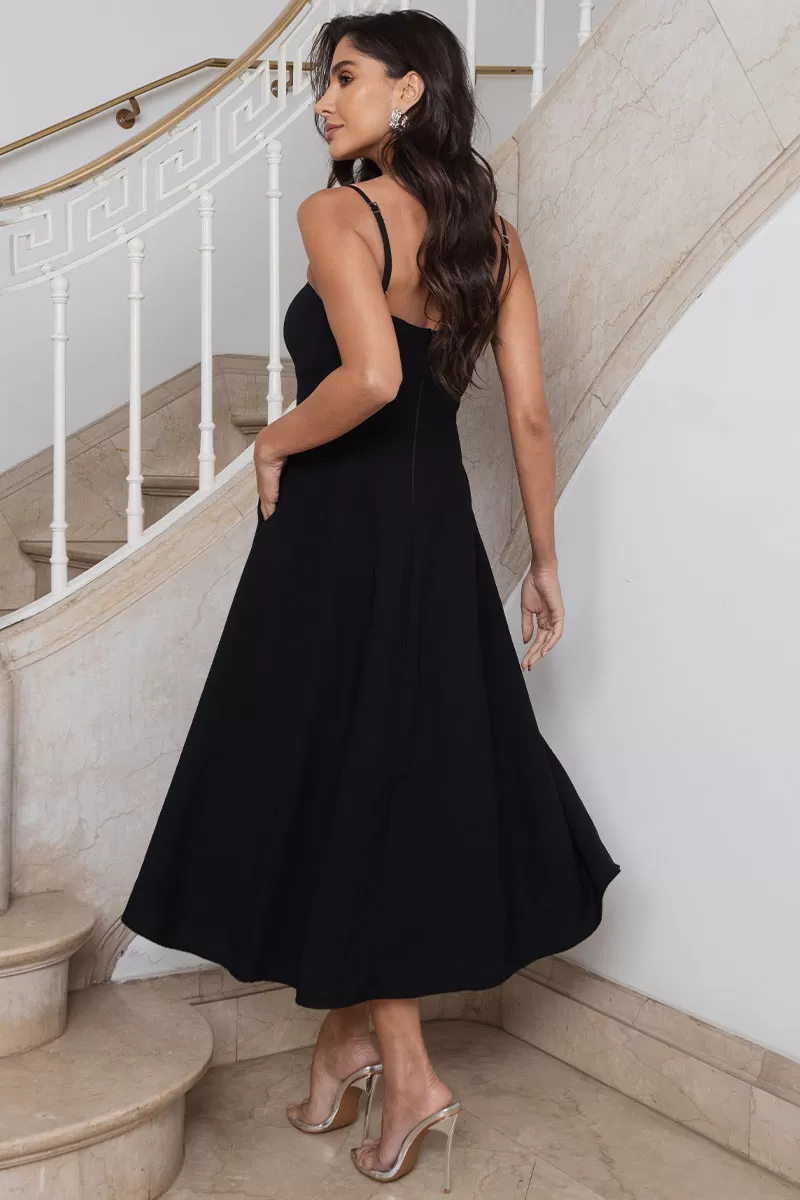 Miss Misses - Amanda Midi Dress with Openwork Detail and Pockets in Black - 54429001 Miss Misses - Amanda Midi Dress with Openwork Detail and Pockets in Black - 54429001