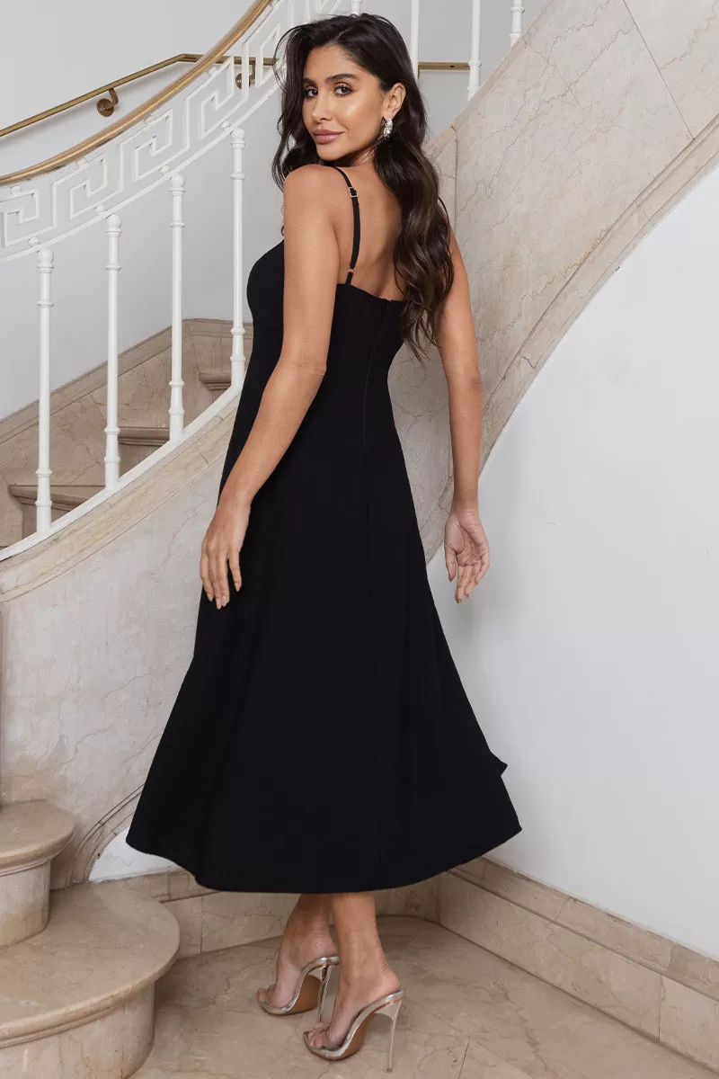 Miss Misses - Amanda Midi Dress with Openwork Detail and Pockets in Black - 54429001 Miss Misses - Amanda Midi Dress with Openwork Detail and Pockets in Black - 54429001