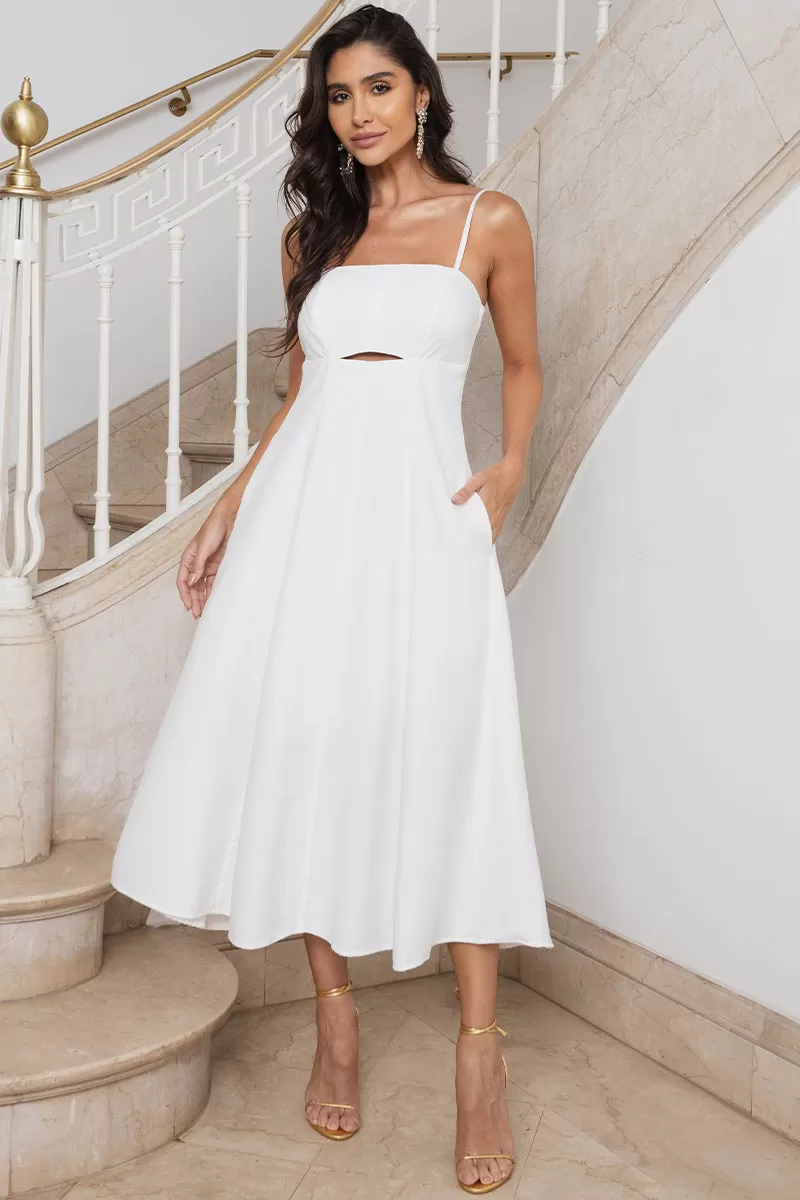 Miss Misses - Amanda Midi Dress with Openwork Detail and Off White Pockets - 54429030