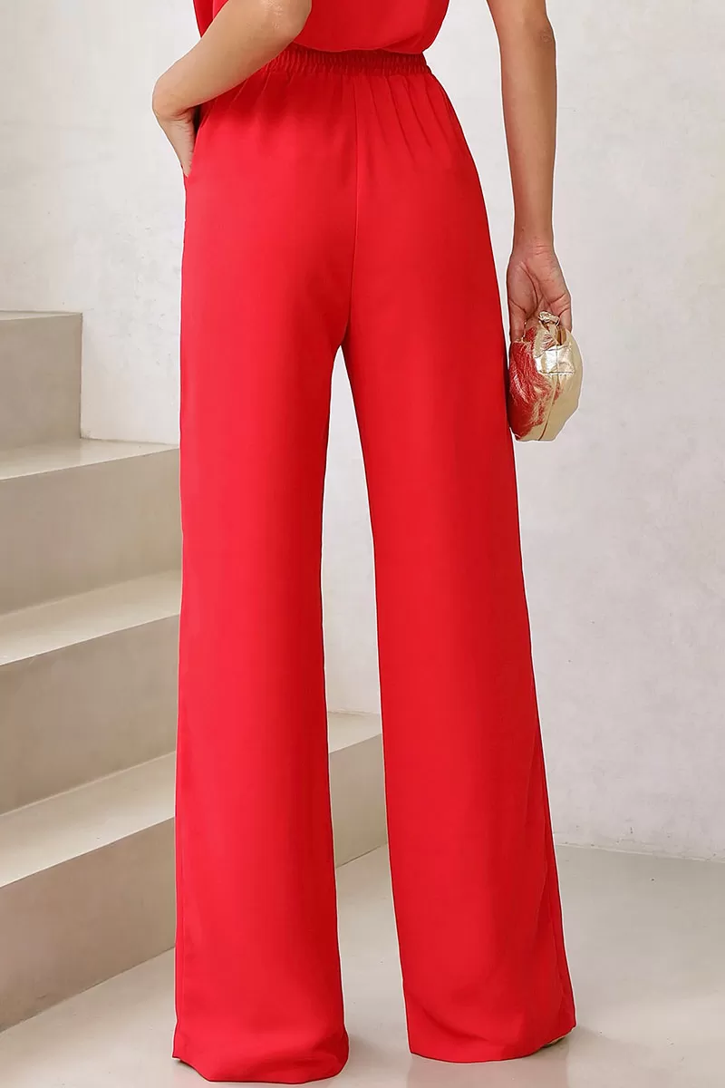 Miss Misses - Valquiria Pants with Elastic Waistband and Red Pocket - 54434024 Miss Misses - Valquiria Pants with Elastic Waistband and Red Pocket - 54434024