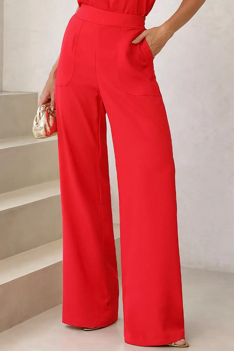 Miss Misses - Valquiria Pants with Elastic Waistband and Red Pocket - 54434024 Miss Misses - Valquiria Pants with Elastic Waistband and Red Pocket - 54434024
