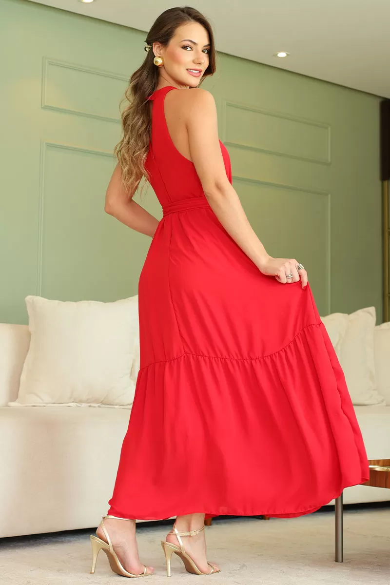 Miss Misses - Miss Misses Midi Plain Red Chiffon Dress - 54182024 Miss Misses - Miss Misses Midi Plain Red Chiffon Dress - 54182024
