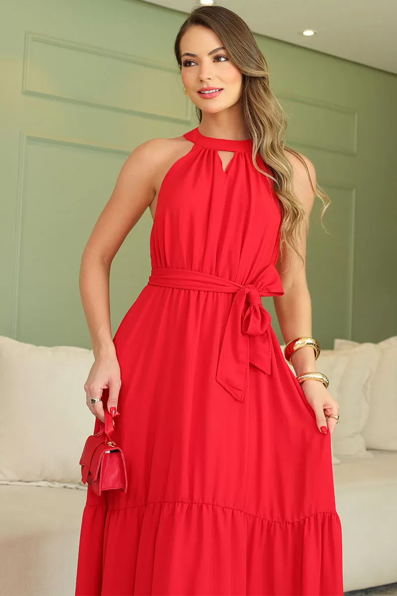 Miss Misses - Miss Misses Midi Plain Red Chiffon Dress - 54182024 Miss Misses - Miss Misses Midi Plain Red Chiffon Dress - 54182024