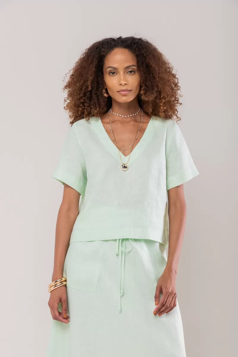 Hidrogênio - V-NECK SHORT SLEEVE LINEN BLOUSE 100% WATER GREEN - 20086157 Hidrogênio - V-NECK SHORT SLEEVE LINEN BLOUSE 100% WATER GREEN - 20086157