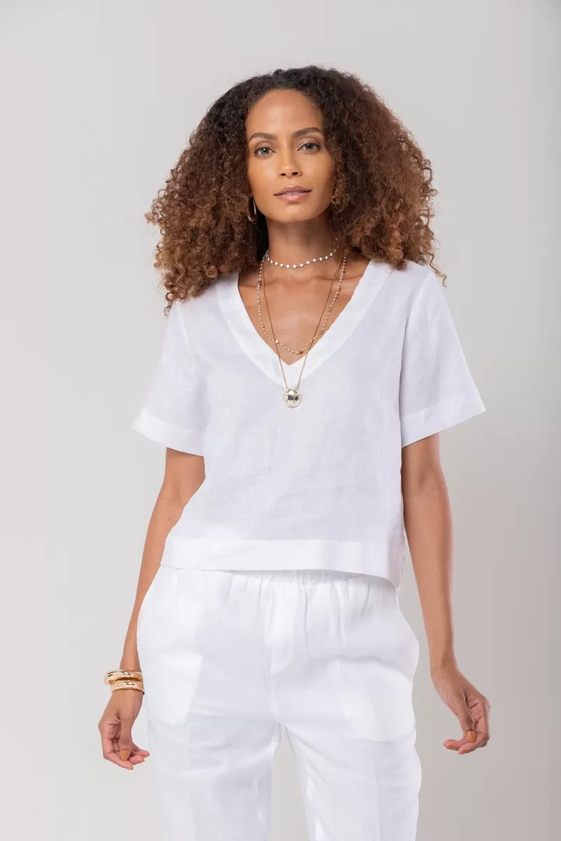 Hidrogênio - 100% WHITE LINEN SHORT SLEEVE V-NECK BLOUSE - 20086002 Hidrogênio - 100% WHITE LINEN SHORT SLEEVE V-NECK BLOUSE - 20086002