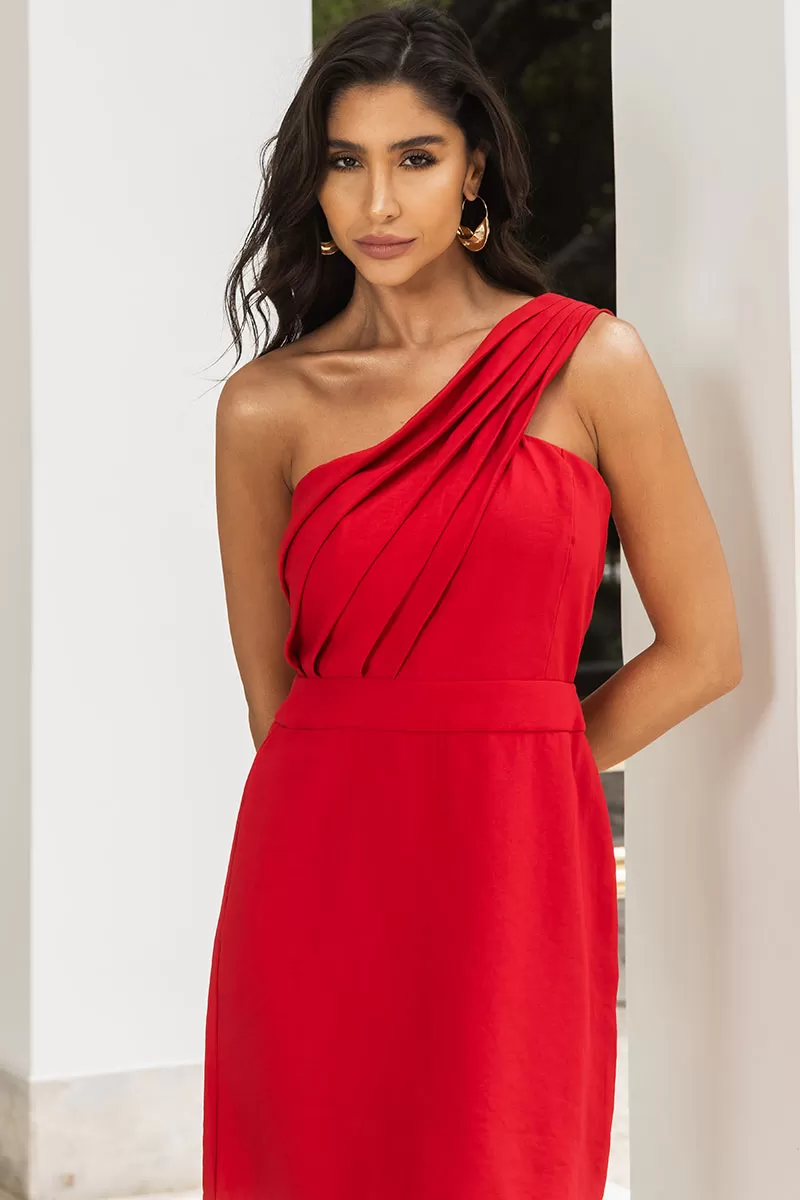 Miss Misses - Miss Misses One Shoulder Dress with Pleats in Red - 80546024 Miss Misses - Miss Misses One Shoulder Dress with Pleats in Red - 80546024