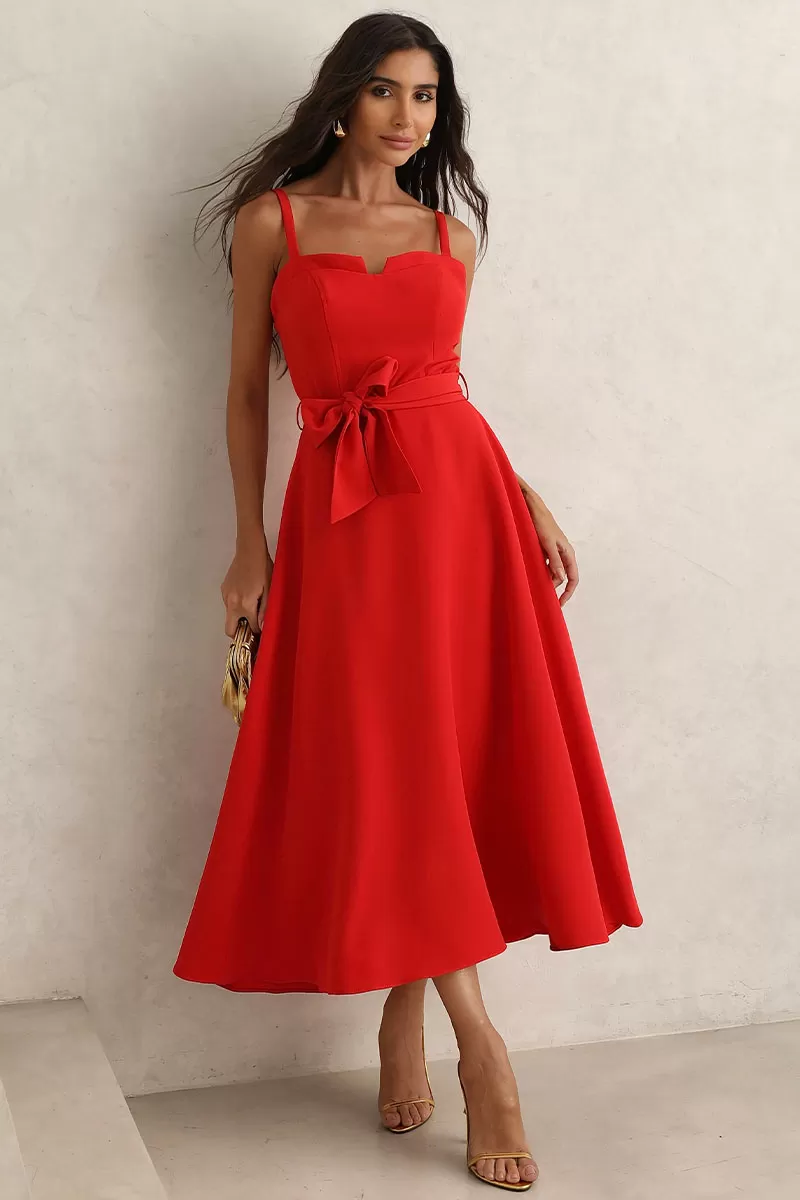 Miss Misses - Patricia Midi Dress with Thin Straps and Red Belt - 54456024