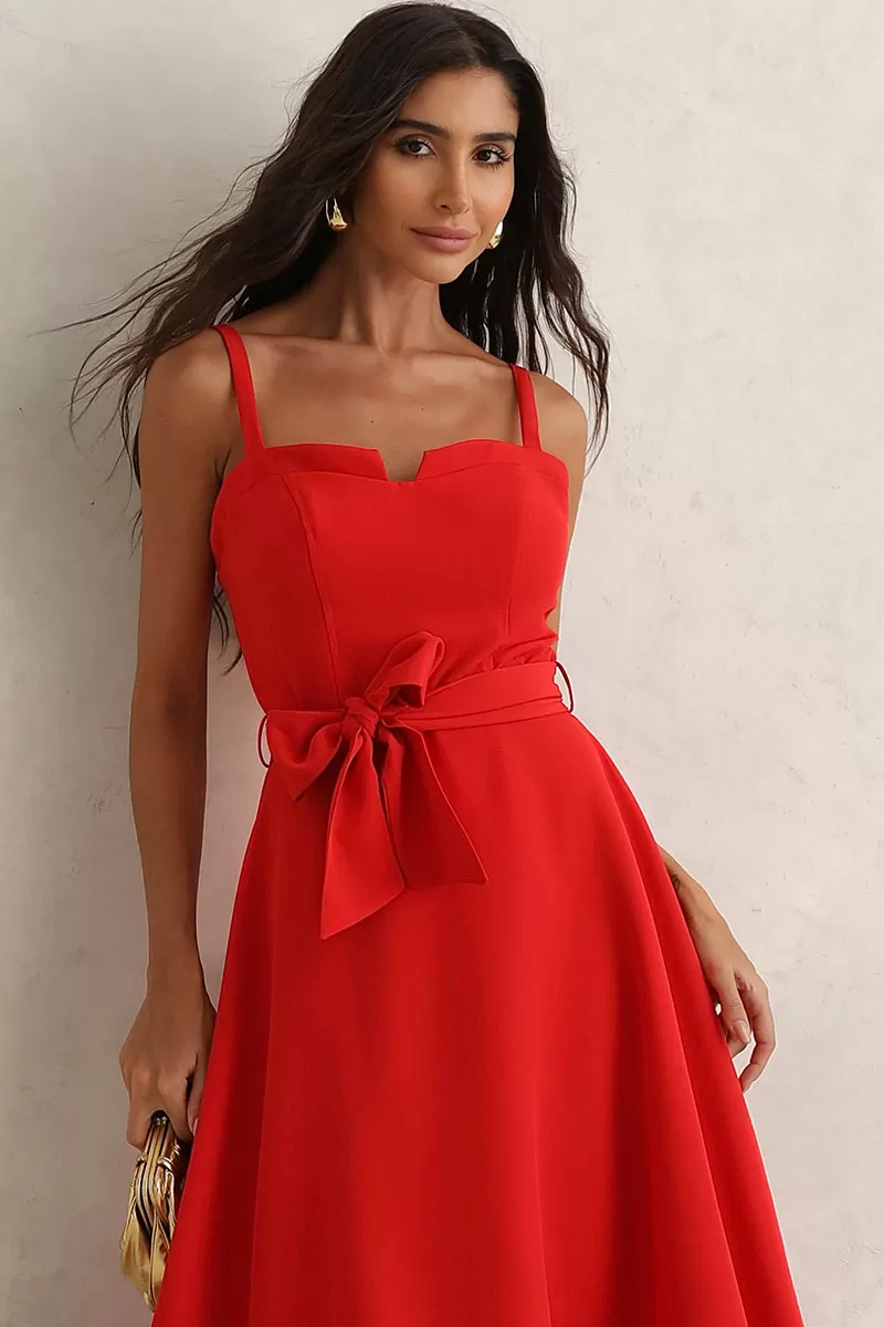 Miss Misses - Patricia Midi Dress with Thin Straps and Red Belt - 54456024 Miss Misses - Patricia Midi Dress with Thin Straps and Red Belt - 54456024