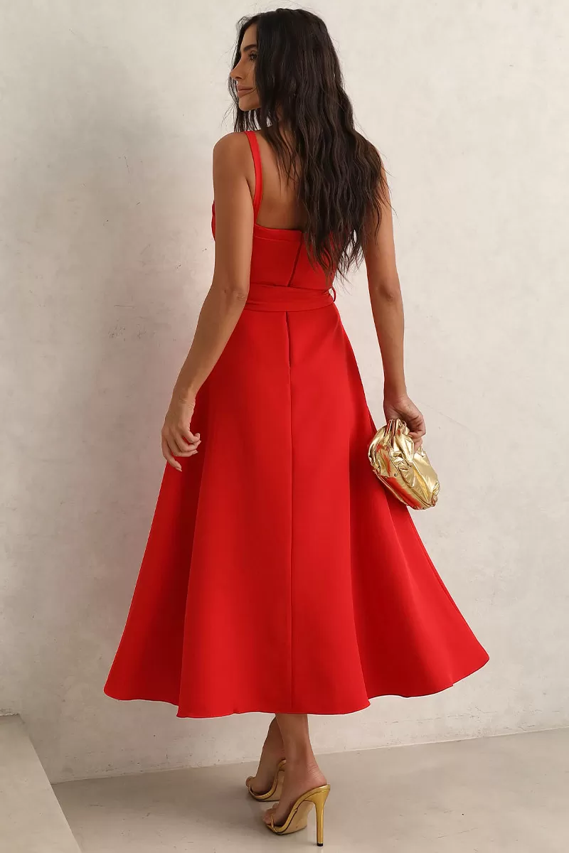 Miss Misses - Patricia Midi Dress with Thin Straps and Red Belt - 54456024 Miss Misses - Patricia Midi Dress with Thin Straps and Red Belt - 54456024