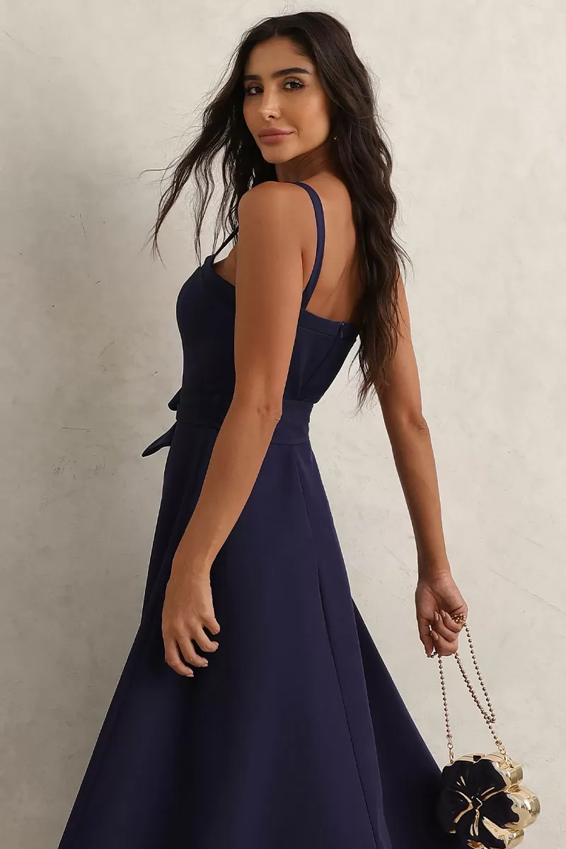Miss Misses - Patricia Midi Dress with Thin Straps and Navy Blue Belt - 54456004 Miss Misses - Patricia Midi Dress with Thin Straps and Navy Blue Belt - 54456004
