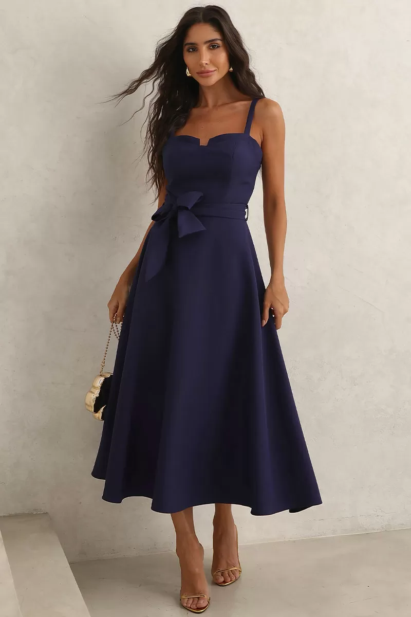 Miss Misses - Patricia Midi Dress with Thin Straps and Navy Blue Belt - 54456004