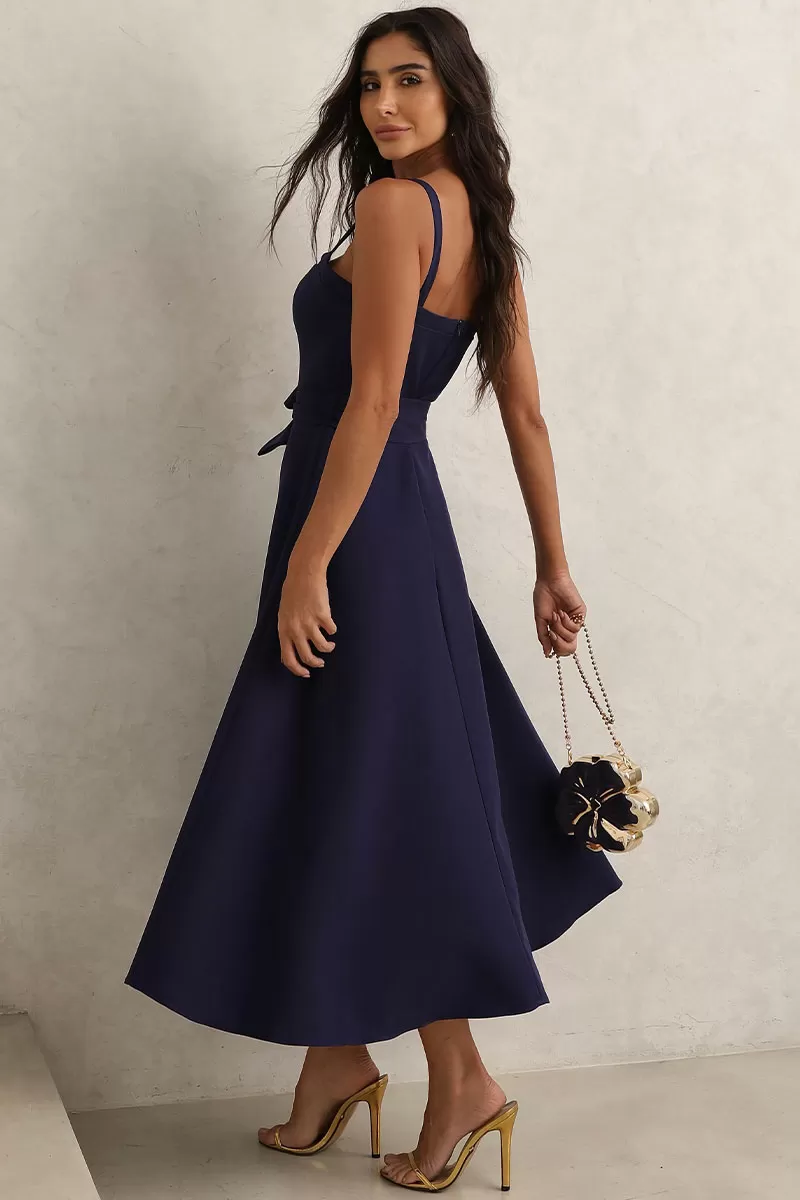 Miss Misses - Patricia Midi Dress with Thin Straps and Navy Blue Belt - 54456004 Miss Misses - Patricia Midi Dress with Thin Straps and Navy Blue Belt - 54456004
