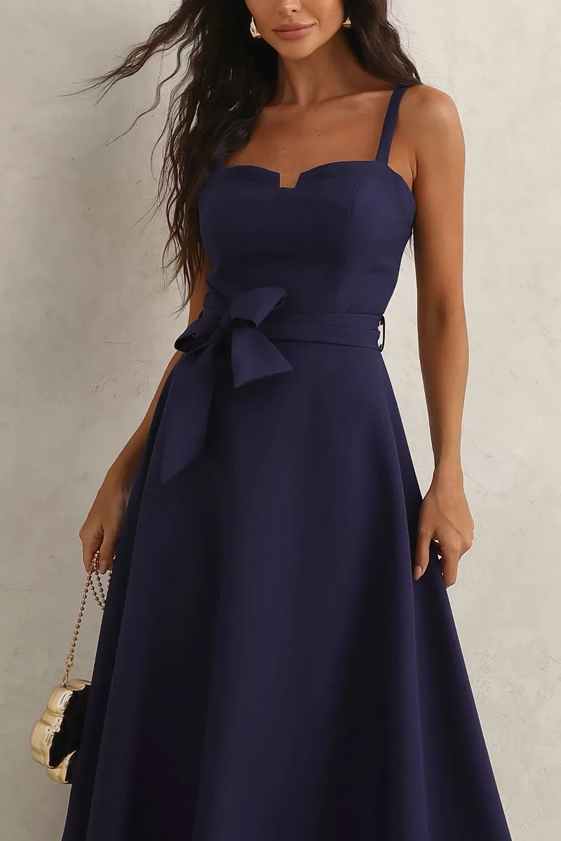 Miss Misses - Patricia Midi Dress with Thin Straps and Navy Blue Belt - 54456004 Miss Misses - Patricia Midi Dress with Thin Straps and Navy Blue Belt - 54456004