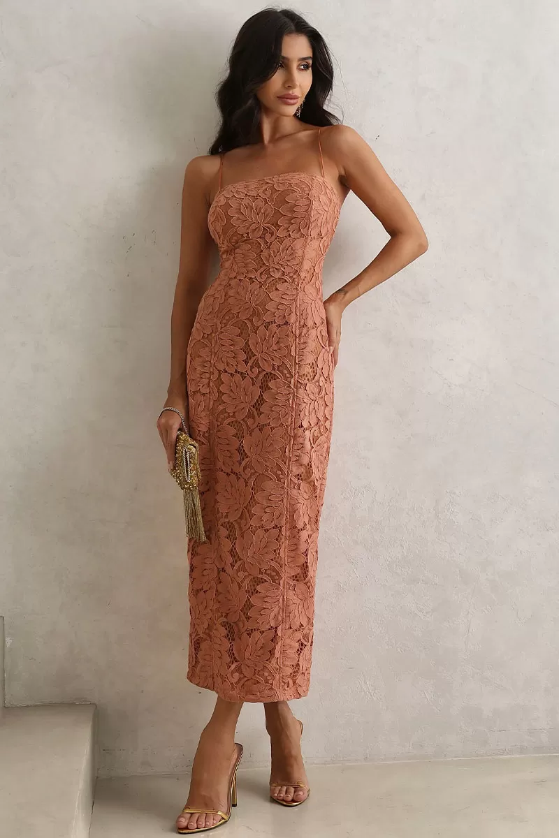 Miss Misses - Mariana Lace Midi Dress with Thin Straps in Brown - 54404214