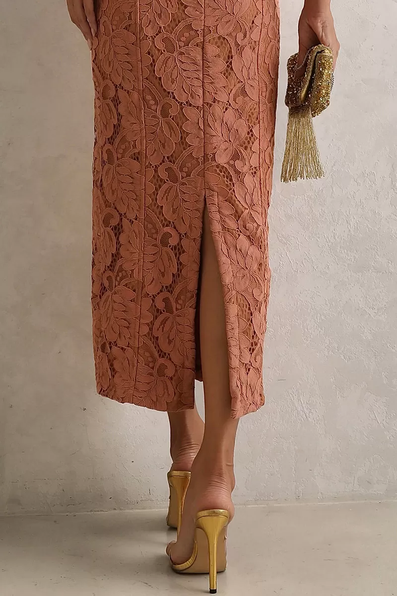 Miss Misses - Mariana Lace Midi Dress with Thin Straps in Brown - 54404214 Miss Misses - Mariana Lace Midi Dress with Thin Straps in Brown - 54404214