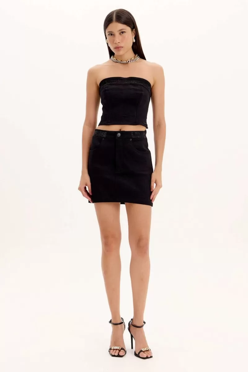LANÇA PERFUME - Short Skirt In Twill With High Waist And Sparkles On The Waistband LP EASY - 1257 LANÇA PERFUME - Short Skirt In Twill With High Waist And Sparkles On The Waistband LP EASY - 1257