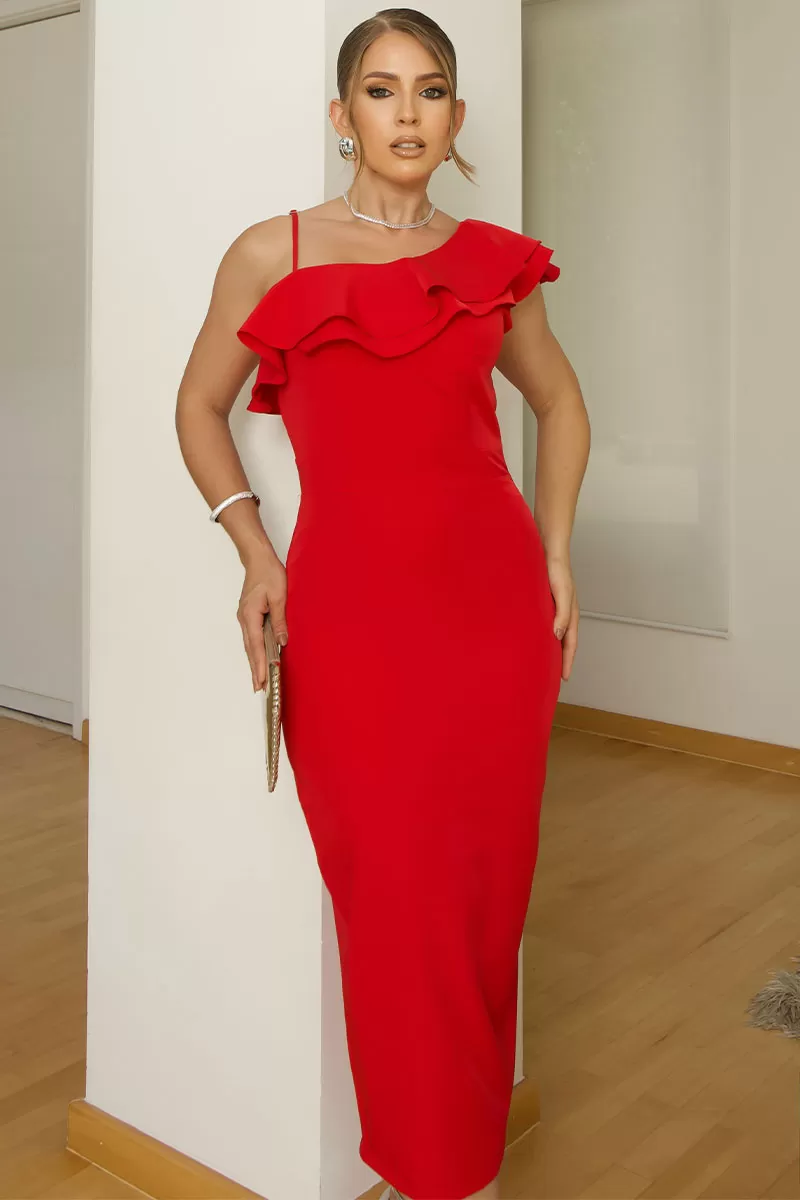 Miss Misses - Monica Midi Dress with Frills and Thin Straps in Red - 54458024 Miss Misses - Monica Midi Dress with Frills and Thin Straps in Red - 54458024