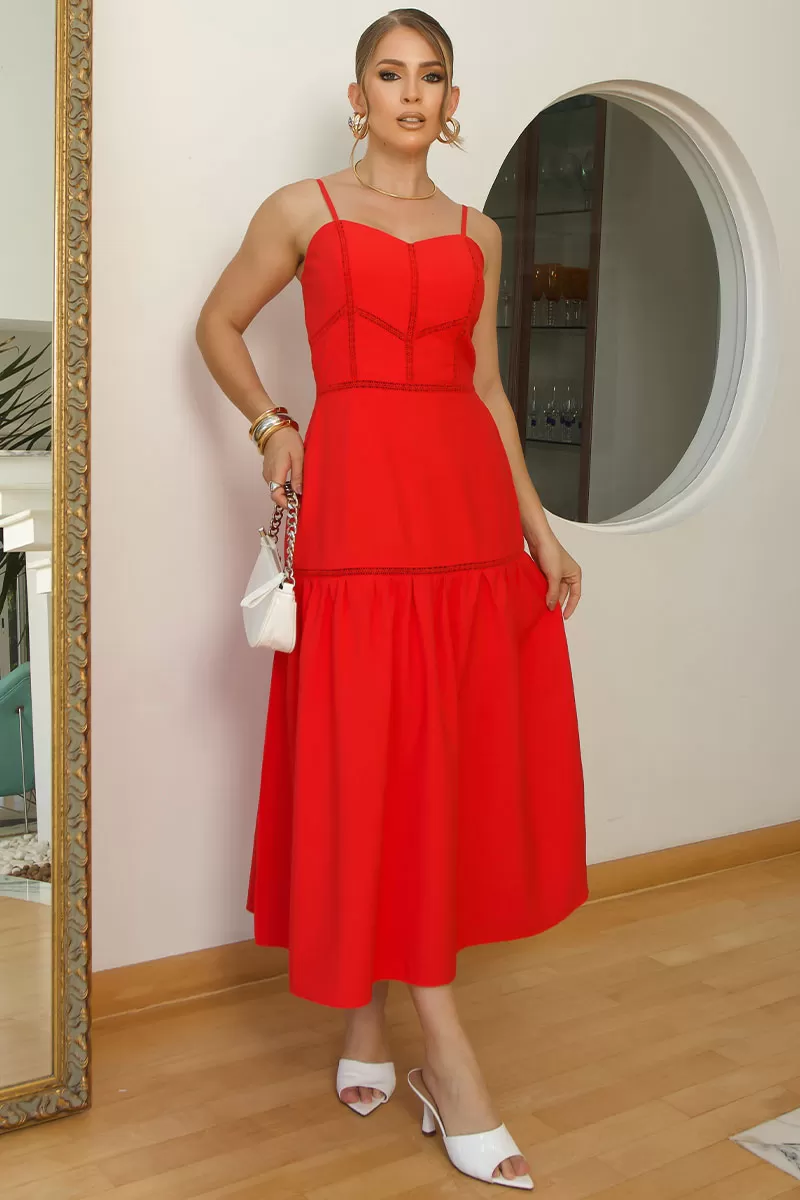 Miss Misses - Karina Long Dress With Red Guipure Detail - 54461024 Miss Misses - Karina Long Dress With Red Guipure Detail - 54461024