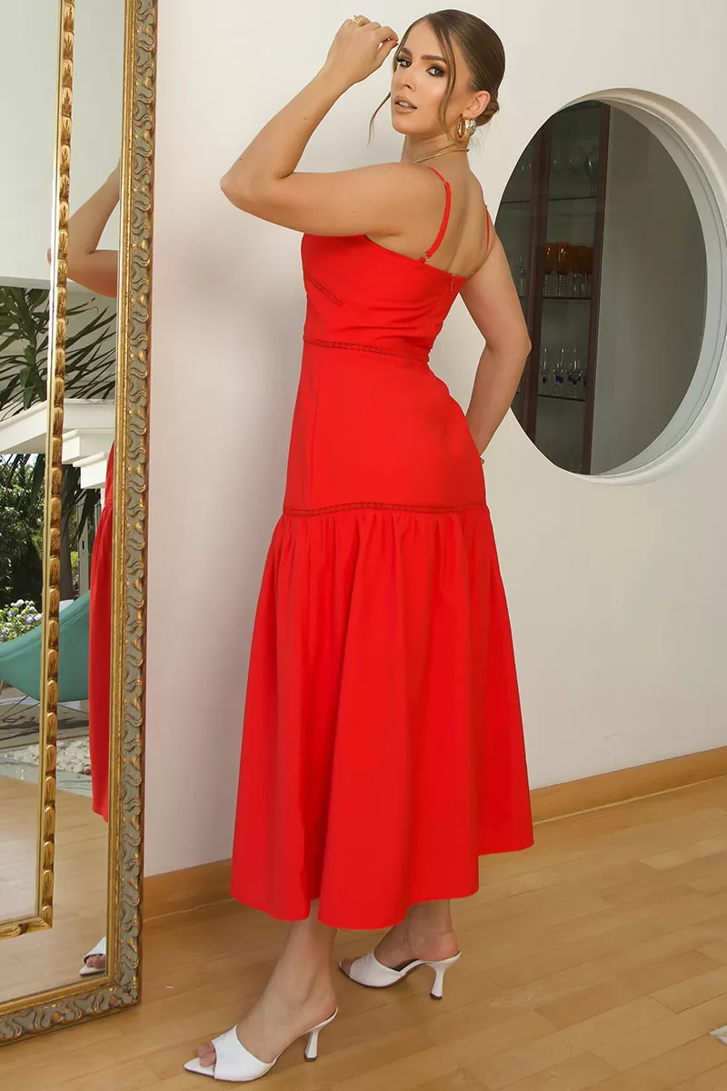 Miss Misses - Karina Long Dress With Red Guipure Detail - 54461024 Miss Misses - Karina Long Dress With Red Guipure Detail - 54461024