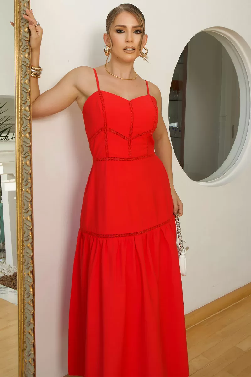 Miss Misses - Karina Long Dress With Red Guipure Detail - 54461024 Miss Misses - Karina Long Dress With Red Guipure Detail - 54461024