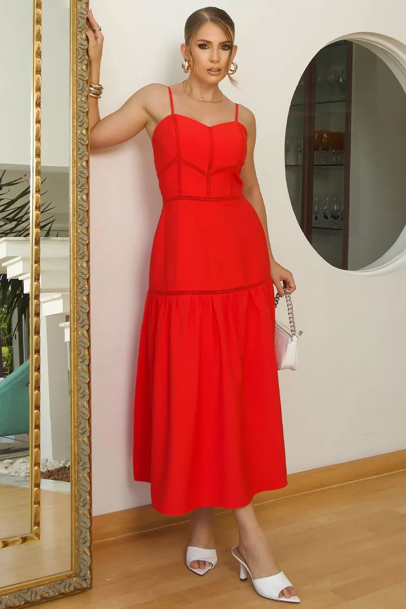 Miss Misses - Karina Long Dress With Red Guipure Detail - 54461024