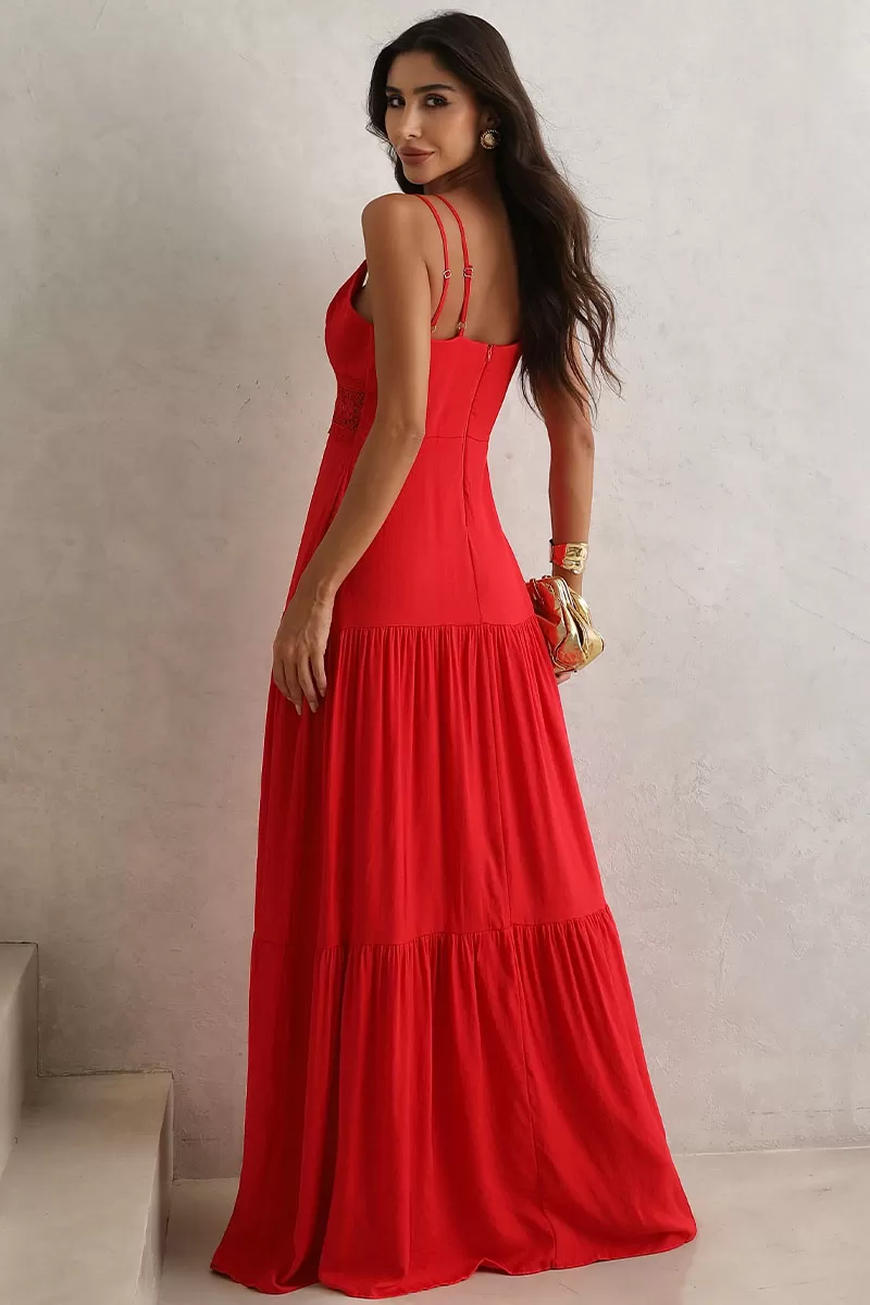 Miss Misses - Long Val Dress With Red Guipure Detail - 54460024 Miss Misses - Long Val Dress With Red Guipure Detail - 54460024