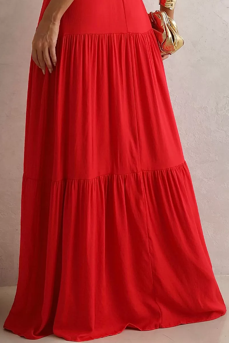 Miss Misses - Long Val Dress With Red Guipure Detail - 54460024 Miss Misses - Long Val Dress With Red Guipure Detail - 54460024