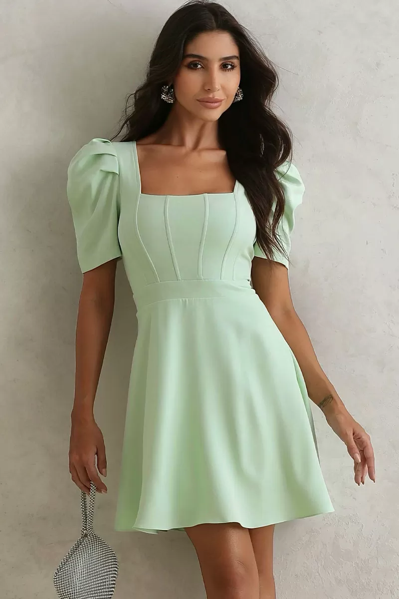 Miss Misses - Raissa Dress With Fin Detail And Pleated Sleeves In Green - 54457023