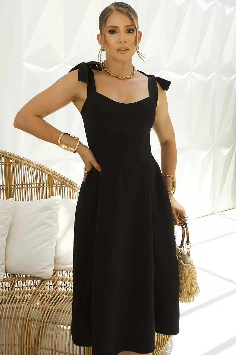 Miss Misses - Michele Midi Dress With Straps and Bows On The Shoulders Black - 54392001 Miss Misses - Michele Midi Dress With Straps and Bows On The Shoulders Black - 54392001