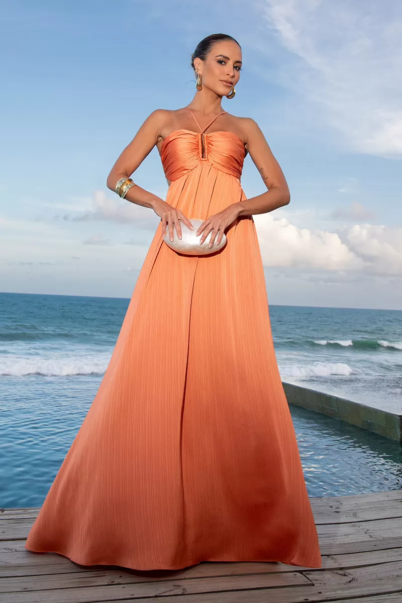 Dot Clothing - Dress Dot Clothing Long Pleated Orange Jacket - 2587LARANJA Dot Clothing - Dress Dot Clothing Long Pleated Orange Jacket - 2587LARANJA