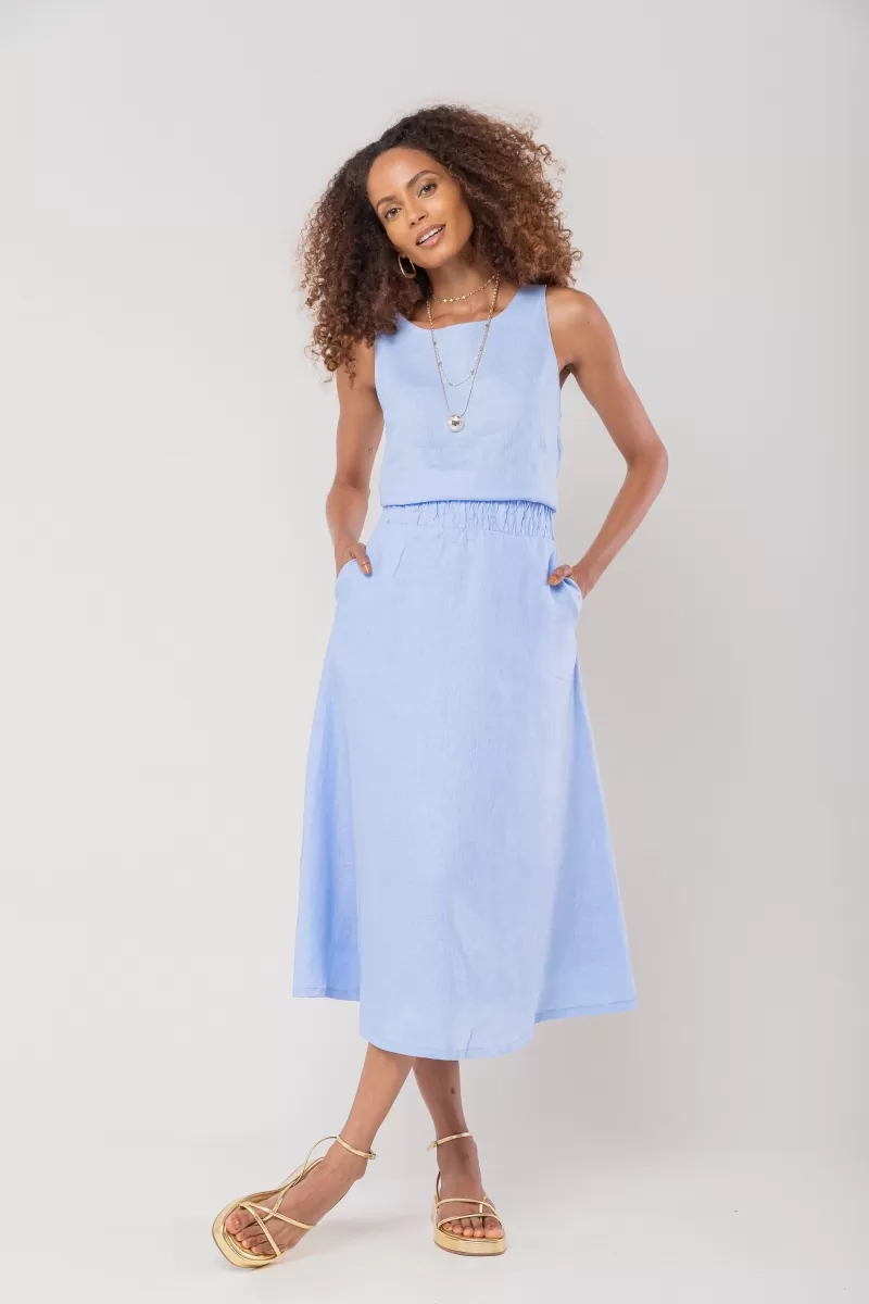 Hidrogênio - 100% LINEN MIDI FLARE SKIRT WITH RUFFLED WAISTBAND IN INDIGO BLUE - 19870568