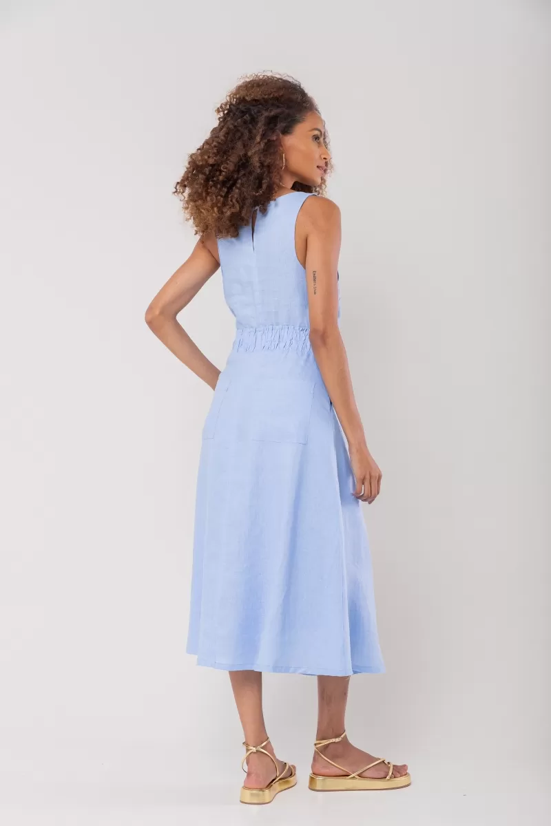 Hidrogênio - 100% LINEN MIDI FLARE SKIRT WITH RUFFLED WAISTBAND IN INDIGO BLUE - 19870568