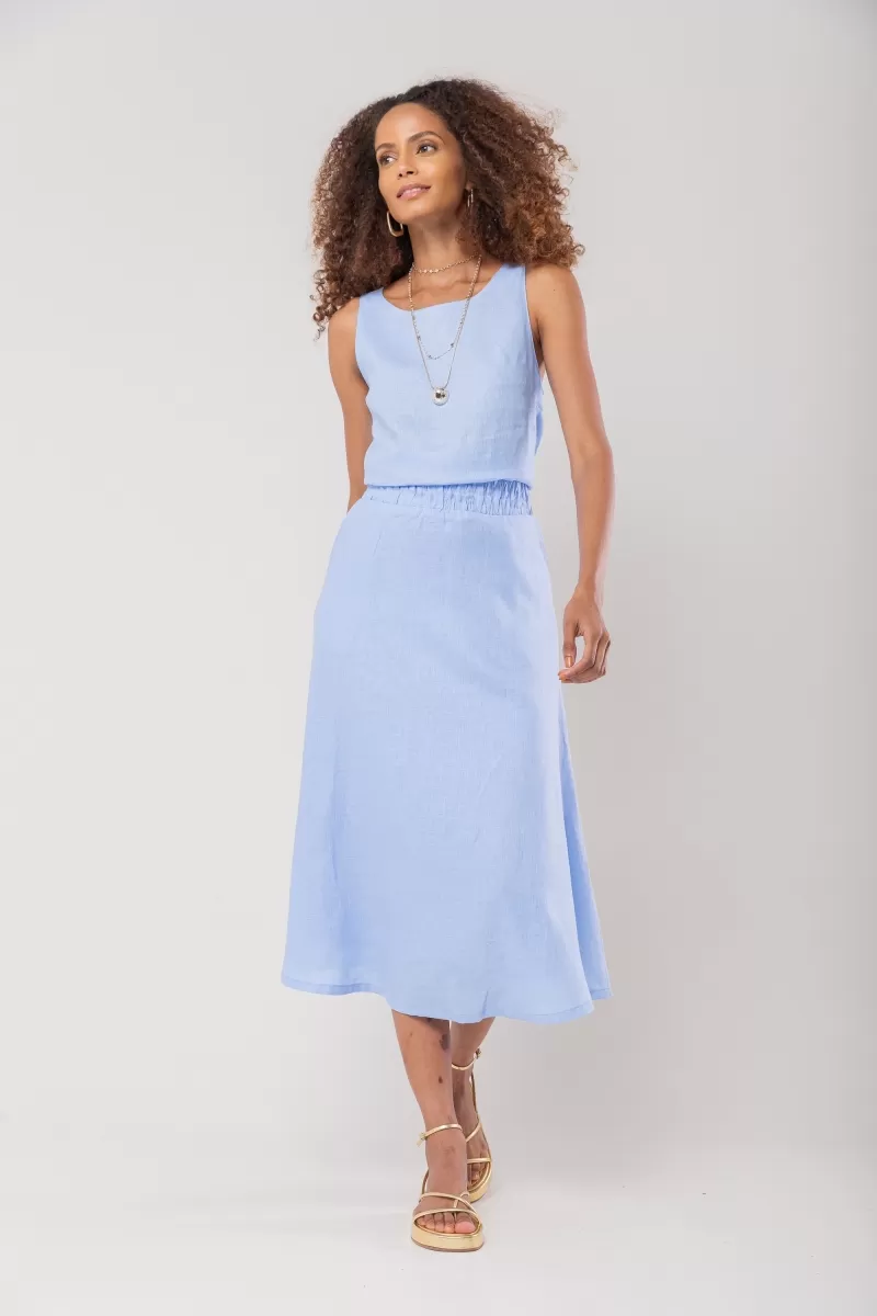 Hidrogênio - 100% LINEN MIDI FLARE SKIRT WITH RUFFLED WAISTBAND IN INDIGO BLUE - 19870568