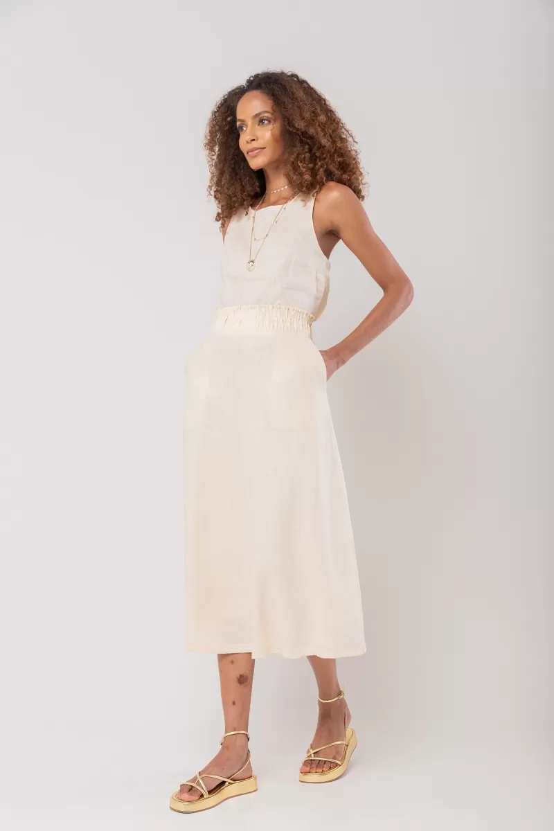 Hidrogênio - 100% LINEN MIDI FLARE SKIRT WITH RUFFLED WAISTBAND TERRA - 19870332 Hidrogênio - 100% LINEN MIDI FLARE SKIRT WITH RUFFLED WAISTBAND TERRA - 19870332