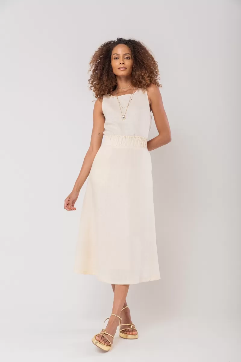 Hidrogênio - 100% LINEN MIDI FLARE SKIRT WITH RUFFLED WAISTBAND TERRA - 19870332 Hidrogênio - 100% LINEN MIDI FLARE SKIRT WITH RUFFLED WAISTBAND TERRA - 19870332