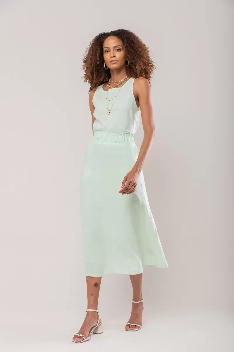 Hidrogênio - 100% LINEN MIDI FLARE SKIRT WITH RUFFLED WAISTBAND IN WATER GREEN - 19870157