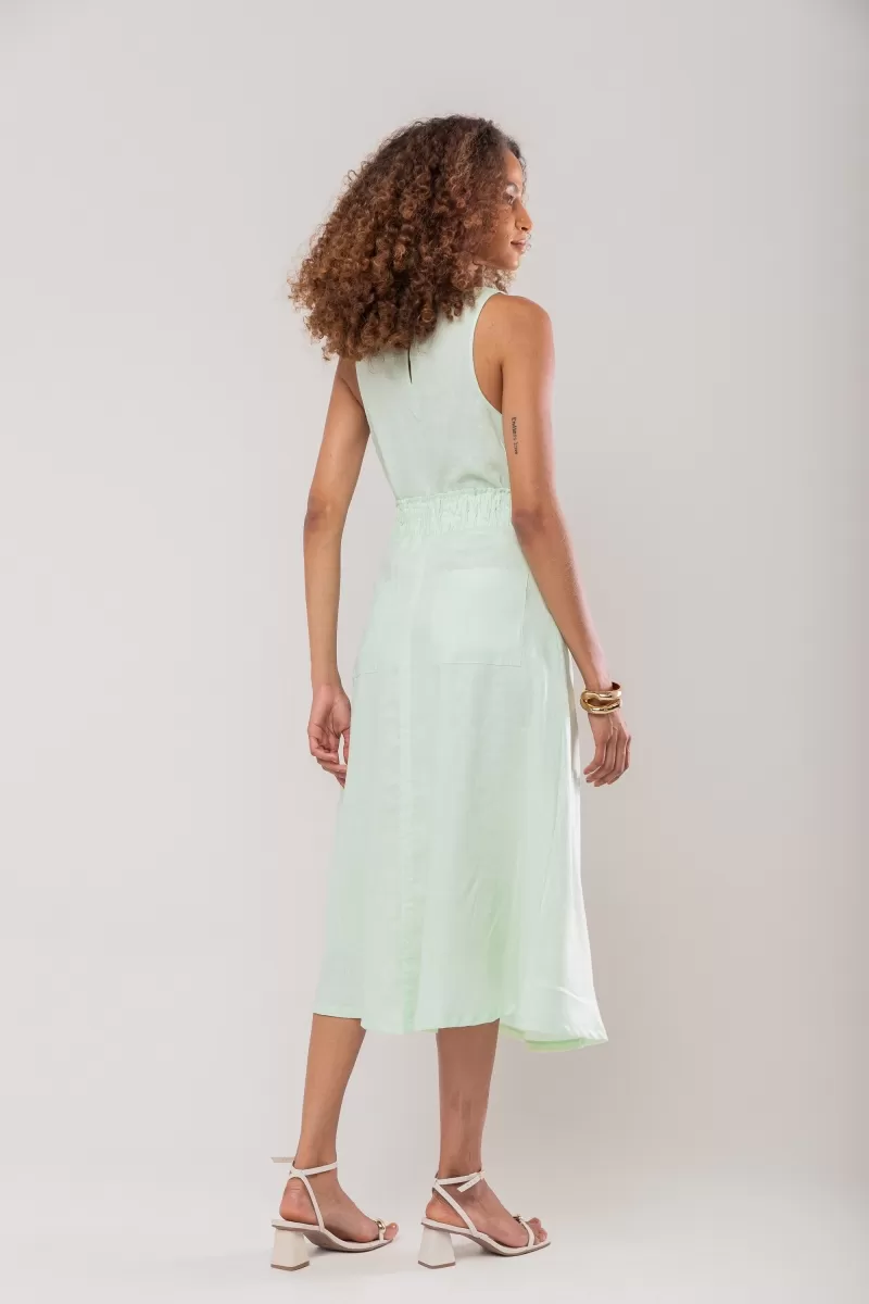 Hidrogênio - 100% LINEN MIDI FLARE SKIRT WITH RUFFLED WAISTBAND IN WATER GREEN - 19870157