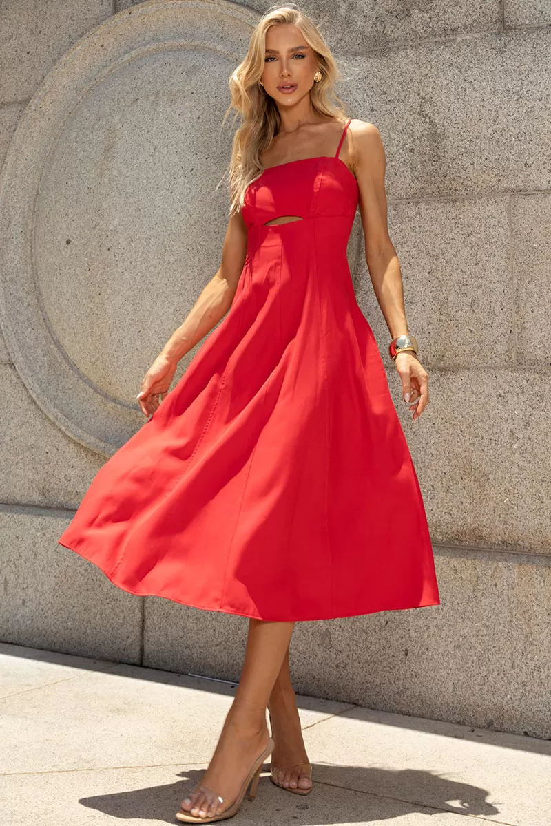 Miss Misses - Amanda Midi Dress with Openwork Detail and Pockets in Red - 54429024 Miss Misses - Amanda Midi Dress with Openwork Detail and Pockets in Red - 54429024