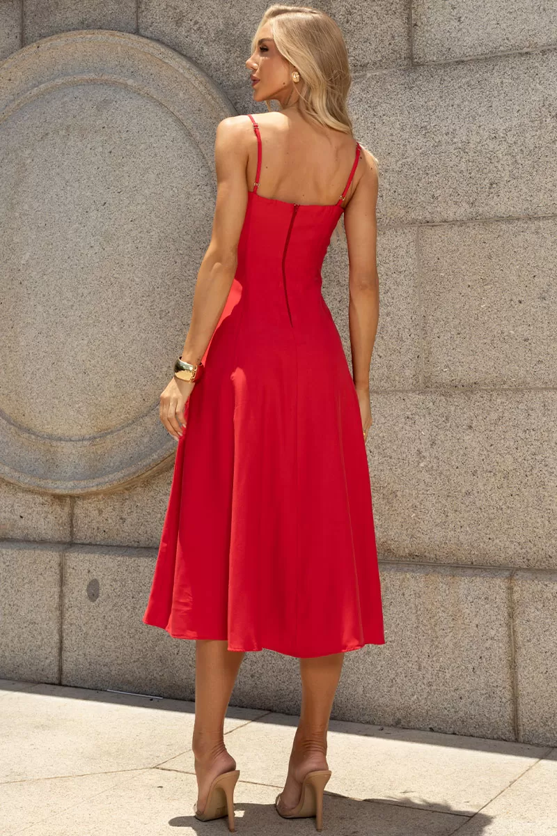 Miss Misses - Amanda Midi Dress with Openwork Detail and Pockets in Red - 54429024 Miss Misses - Amanda Midi Dress with Openwork Detail and Pockets in Red - 54429024