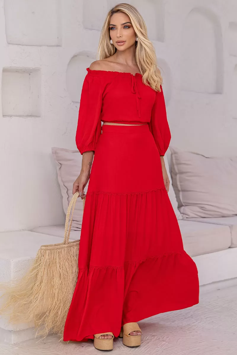 Miss Misses - Joana Long Skirt With Guipure Detail And Red Zipper - 54472024 Miss Misses - Joana Long Skirt With Guipure Detail And Red Zipper - 54472024