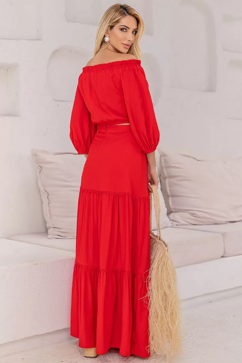 Miss Misses - Joana Long Skirt With Guipure Detail And Red Zipper - 54472024 Miss Misses - Joana Long Skirt With Guipure Detail And Red Zipper - 54472024