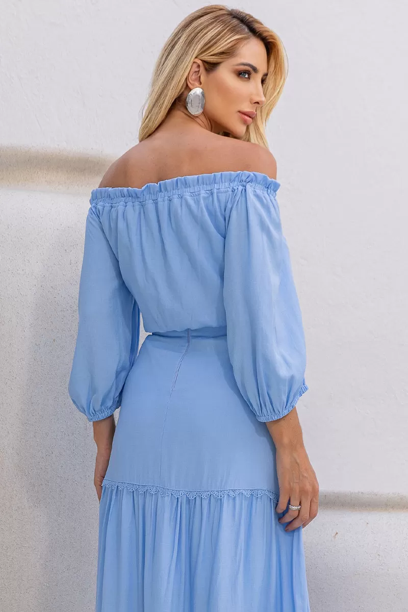 Miss Misses - Jane Off Shoulder Long Sleeve Blue Shirt - 54471002 Miss Misses - Jane Off Shoulder Long Sleeve Blue Shirt - 54471002